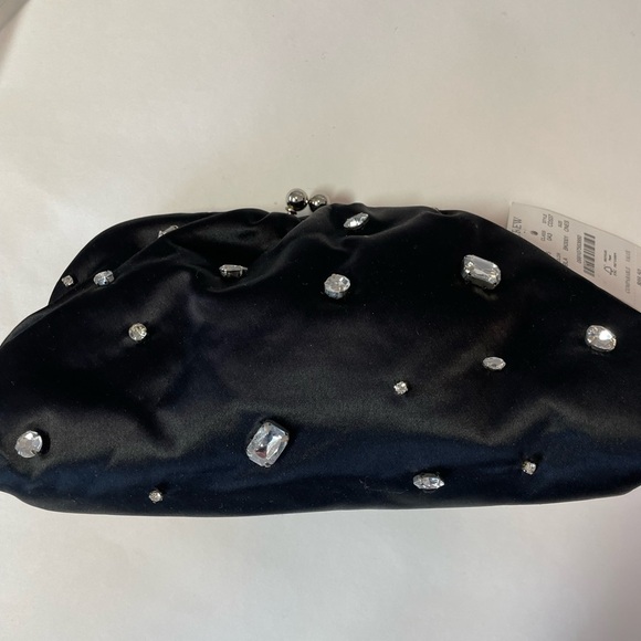 J. Crew Black Satin Rhinestone Clutch with Chain Evening Bag NWT* FLAW* - Picture 1 of 16
